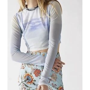 New FREE PEOPLE FP Kellan Mesh Blue Sky Combo Crop Top Long Sleeve Palm Tree S